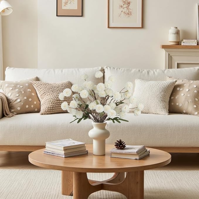 Faux White Kiku Flowers 10 Stems & 2 Eucalyptus, Fake Mums Pompon Flower Ball, Autumn Artificial Chrysanthemums Flowers for Boho Bedroom Decor, Silk Mini Faux Kiku Flower Wedding Arrangements Decor