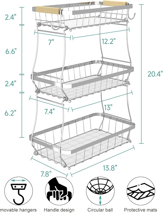 3 Tier Fruit Basket for Kitchen Counter with 2 Mobile Banana Hangers, 2025 Pro Detachable Metal Fruit Bowl with Wooden Handle, Fruit Holder for Bread Snack Veggies, Silvery