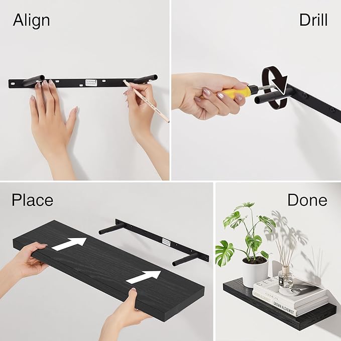 BAYKA Floating Shelves for Wall, 22.5 inches Wall Mounted Rustic Wood Shelves for Bathroom, Bedroom, Living Room, Floating Shelves for Books/Storage/Decor (Black,Set of 3)