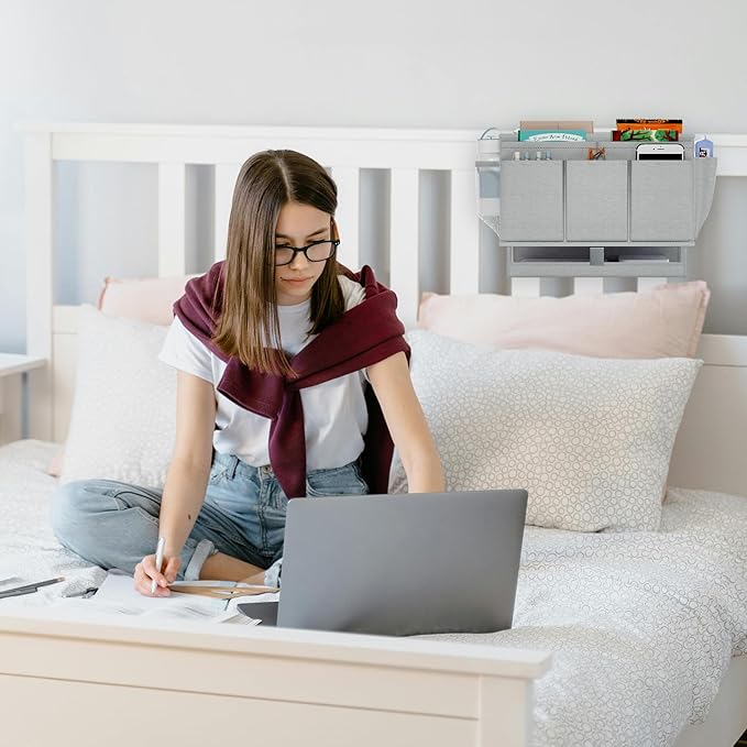 Bedside Caddy, Bed Organizer with 11 Pockets and Power Strip Holder,Versatile Bedside Storage Caddy for Home,Dorm,Bunk,Hospital,Crib Bed (Grey)