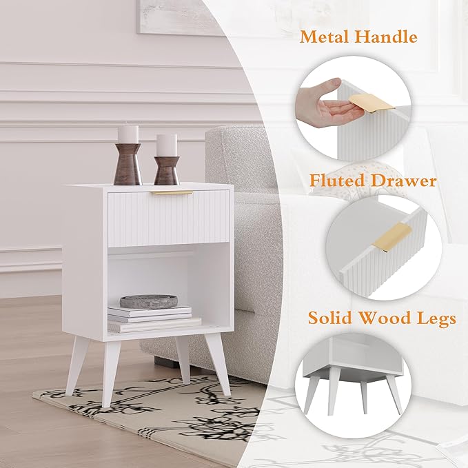 Fluted Night Stand with Opening Storage,Mid Century Bedside Table with Drawer,Modern Nightstand with Solid Wood Legs,End Table Side Table for Living Room,Bedroom,White CTG56W