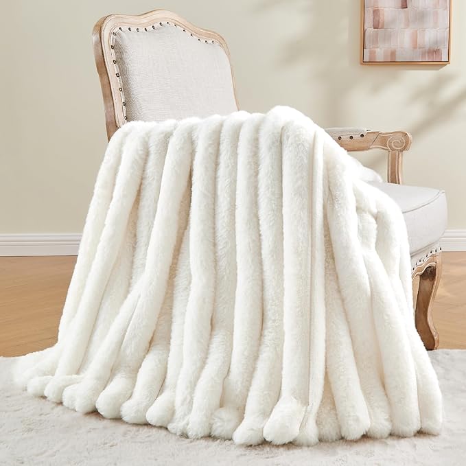 BEDELITE Faux Fur Throw Blanket for Couch, Soft and Cozy Luxurious 3D Striped Fluffy Blanket, 770GSM Thick Warm Plush Fuzzy Faux Rabbit Fur Blanket for Women Gift (Cream, 50"x 60")
