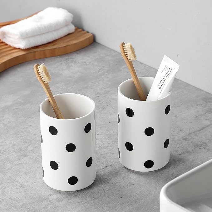 Black Polka Dot Ceramic Toothbrush Holders White - 2 Cups Toothbrush Holders for Bathrooms Toothbrush Toothpaste Holders, White Bathroom Tumbler Cups, Reusable Toothbrush Cups