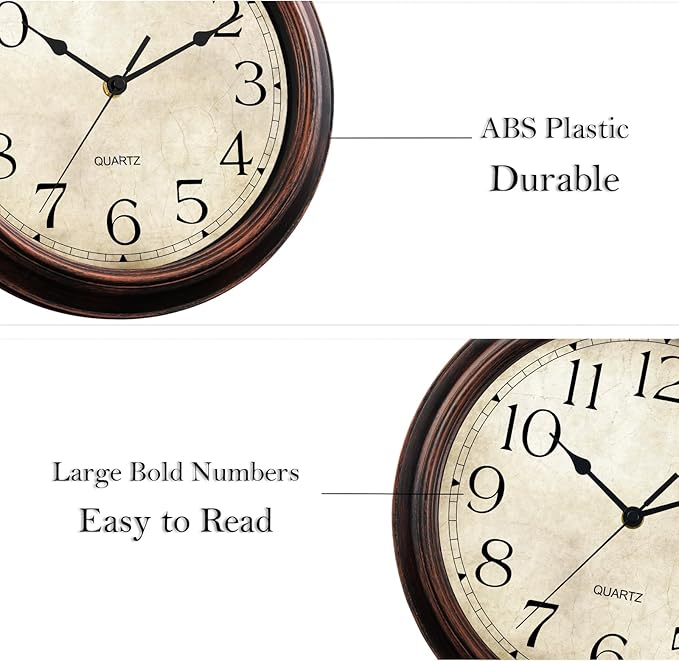 14 Inch Wall Clocks Battery Operated Silent Non-Ticking Analog Wall Clock Vintage Retro Rustic Style Decorative for Living Room Kitchen Home Office(Bronze)