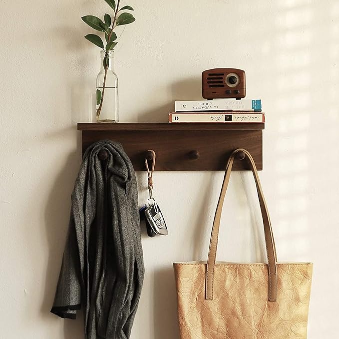 Entrance Coat Rack ,Coat Hooks, Wall-Mounted Wooden Hook Rack, Wall-Mounted Shelves are Very Suitable (Walnut Colored Finish-2)