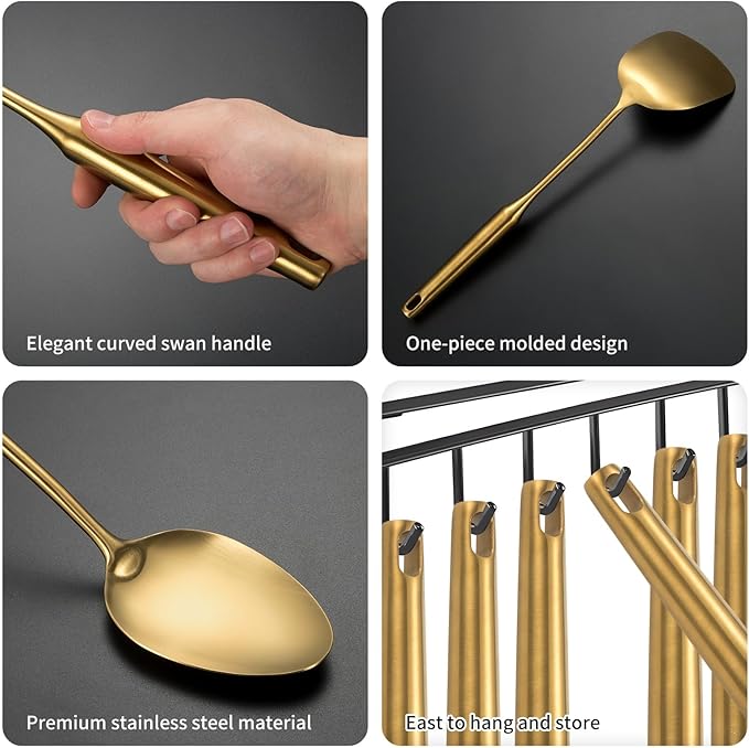 304 Stainless Steel Cooking Utensil,Kitchen Kitchen Utensil with Spatula, Solid Spoon, Ladle, Skimmer, Spaghetti Spoon, 6 Piece Set, Dishwasher Safe(Gold)