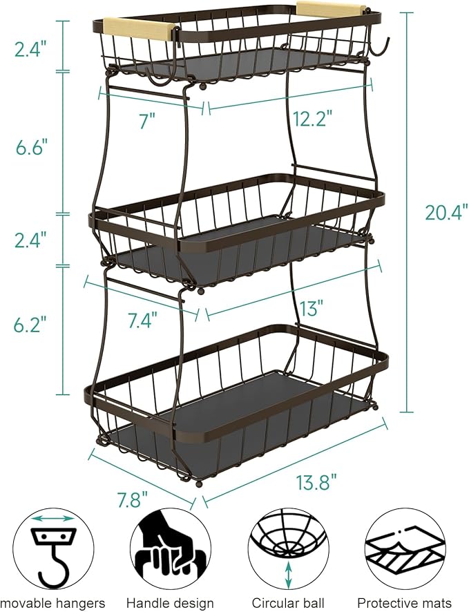 3 Tier Fruit Basket for Kitchen Counter with 2 Mobile Banana Hangers, 2025 Pro Detachable Metal Fruit Bowl with Wooden Handle, Fruit Holder for Bread Snack Veggies, Brown