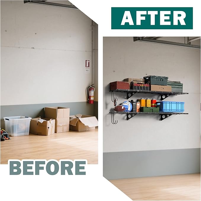 EVERHANGER Garage Wall Shelves, 12 X 48 Inch Wall Mounted Storage Shelves, Heavy Duty Metal Shelving with Hooks, 2 Pack, Black
