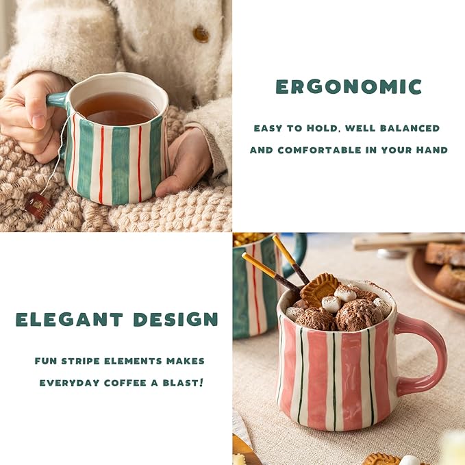 Striped Ceramic Coffee Mugs Set - 2 Pack, Pink & Green,Perfect for Morning Brew or Tea and Cocoa - for Coffee Lovers