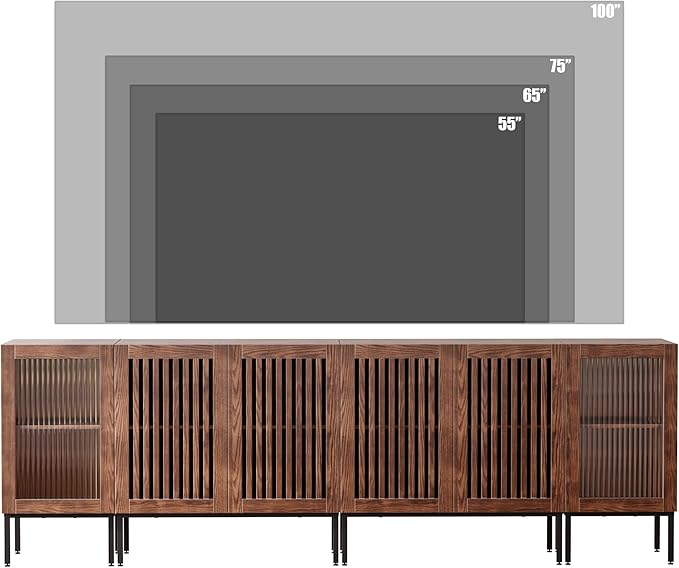 Farmhouse TV Stand for TVs up to 100 Inch, Entertainment Center TV Console with Storage Cabinets and Glass Doors,Media Console for Living Room,Brown