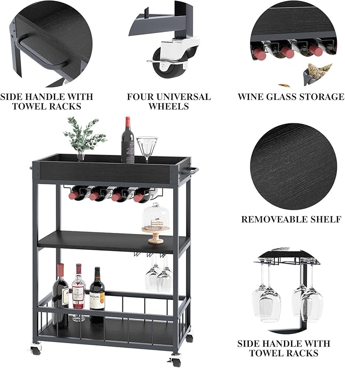 Bar Cart Serving Wine 3 Tier Home Rolling Rack with Wheels Mobile Kitchen Industrial Vintage Style Wood Metal Serving Trolley Serving Cart, Drink Cart for Living Room Kitchen