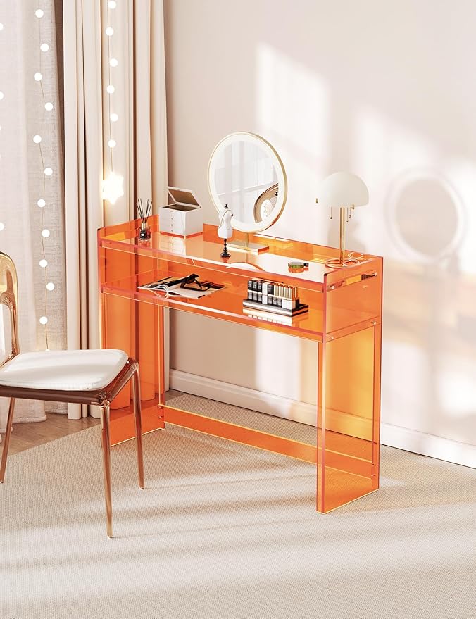 Acrylic Console Table, Entryway Table with Storage Shelves (1, 39.4 * 31.5 * 11.7 inches) (Orange)