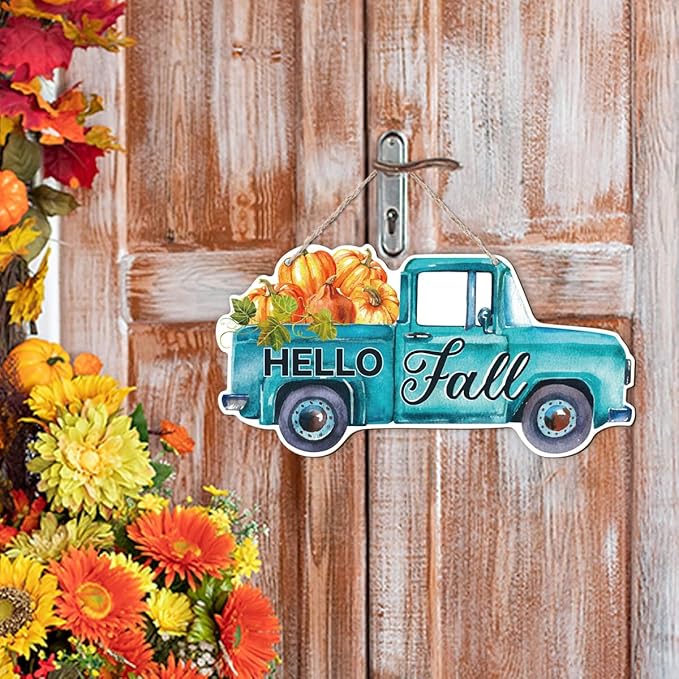 Fall Door Hanger - Pumpkin Welcome Sign, Hello Fall Wood Hanging Decors, Rustic Thanksgiving Decorative for Porch, Indoor Outdoor Autumn Door Decor(Truck), Housewarming Gift, Home Indoor Outdoor Deco