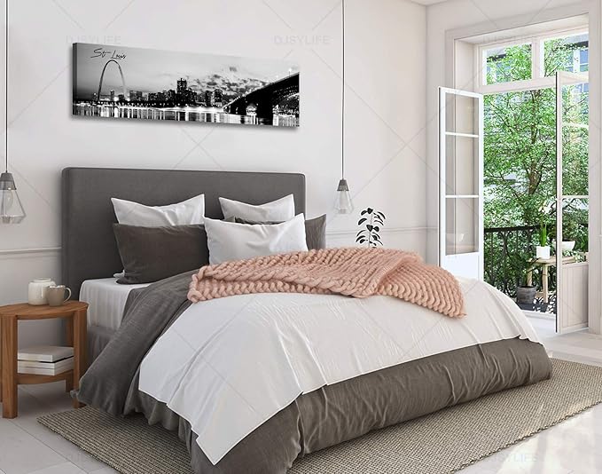 DJSYLIFE Panoramic St. Louis Skyline Wall Art Cityscape Picture Black and White Canvas Print Night View Urban Landscape Modern Artwork Office Bedroom Decor Framed and Ready to Hang 13.8"x47.3"