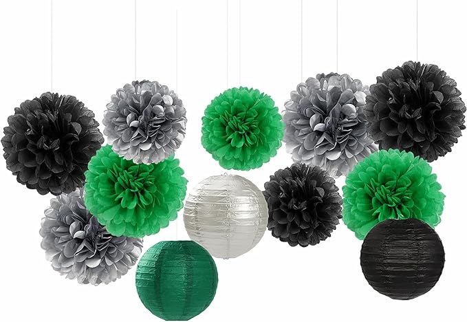 Green-Black Silver Party-Decorations Paper Flowers Lanterns - 15PCS Football Game Day Birthday Tissue Pom Poms Streamers, Bachelorette New Years Hanging Supplies Decor Hugfond