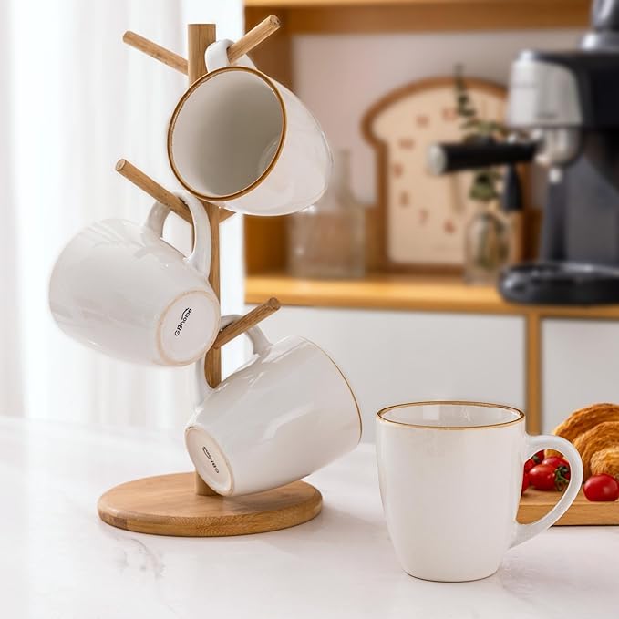 GBHOME Ceramic Coffee Mugs Set of 6, 12oz Stoneware Coffee Mugs Set For Dad Mom Women MEN, Light Weight Ceramic Coffee Cups for Latte/Tea/Beer/Hot Cocoa, Dishwasher & Microwave Safe-Pearl White