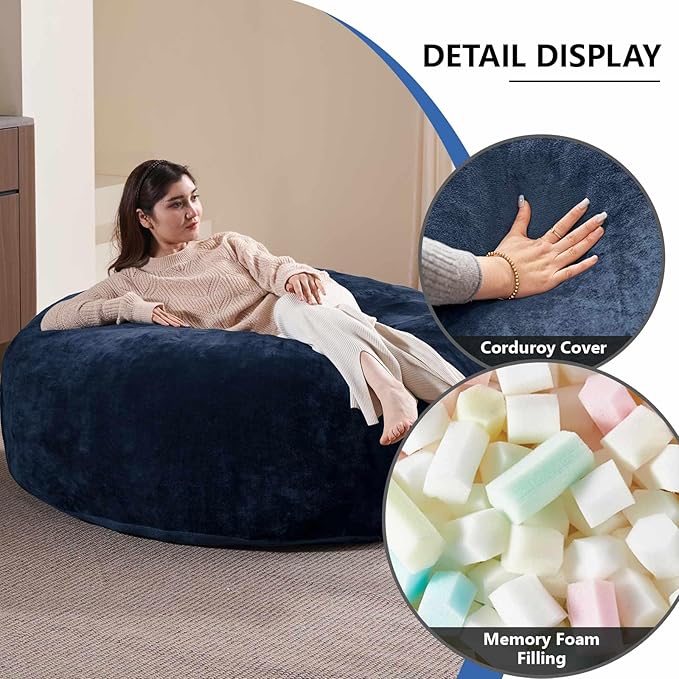 5FT,Big Bean Bag Chairs for Adults,Large beanbag with Filler Included,Memory Foam Material,Easy to Clean and Washable Corduroy Fabric,Suitable for Living Room and Bedroom (Blue, 5 Foot)