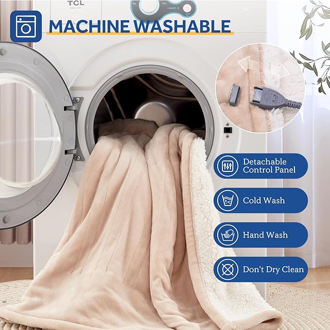 Sealy Electric Blanket Throw Size 50"*60",Super Cozy Flannel to Sherpa Reversible Heated Blanket Throw with 6 Heating Levels & 2-10 Hours Auto Off Overheating Protection Machine Washable,Beige