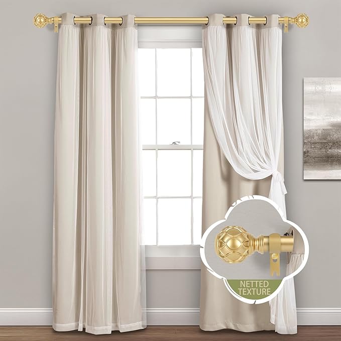 Gold Adjustable Curtain Rods for Windows:36-88 Inch Farmhouse Heavy Duty Curtain Rod for Bedroom Living Room,Boho Decorative Rustic Drapery Rods with Vintage Coastal Texture Finial,Brass Gold