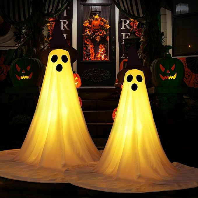 2 Packs Halloween Ghost Outdoor Decorations, 59â Light Up Ghost Decor with Remote Control, Adjustable Height Standing Halloween Lighted Ghost Kit with Witch Hat Ideal for Porch, Garden, Yard