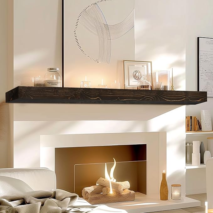 72x8x3 Fireplace Mantel - Solid Rustic Wood - Wall Mounted Floating Shelf with Invisible Heavy Duty Steel Bracket (Weathered Black)