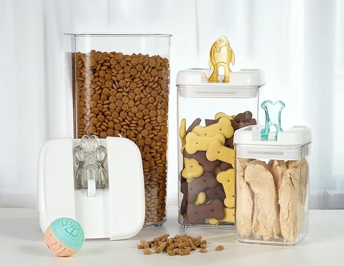Felli Flip Tite Pet Food Container with Airtight Lids, BPA FREE Acrylic Canister with Paw Bone Fish Flip Top Handles for Cat Dog Kibble Treats Storage, Keep Fresh (Pet Collection Nest-L3pk)
