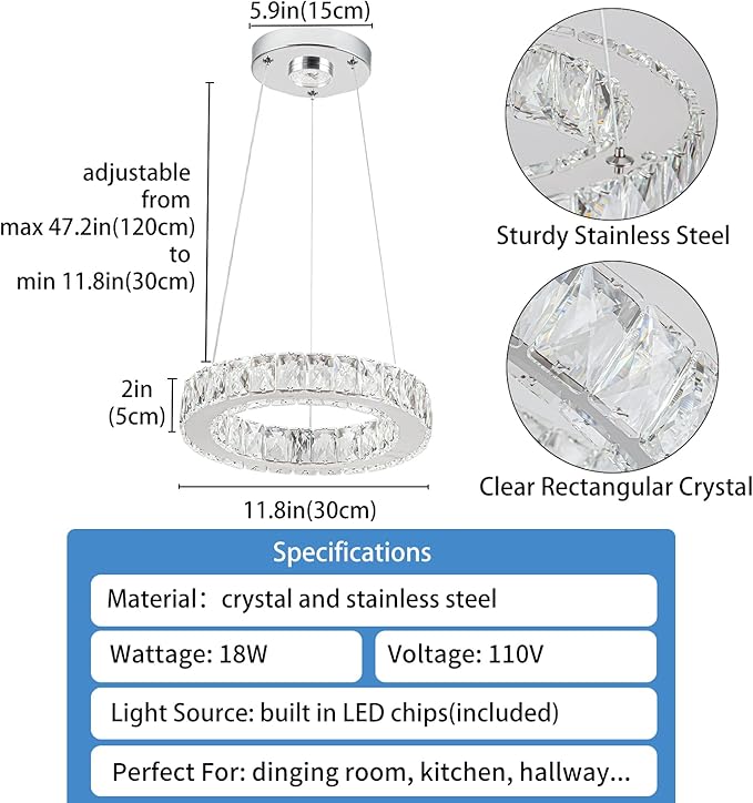 11.8" Crystal Chandelier LED Round Flush Mount Ceiling Light Fixture Modern Hanging Pendant Lighting Mini Ring Chandeliers for Dining Room Kitchen Island Hallway Bathroom (Cool White)