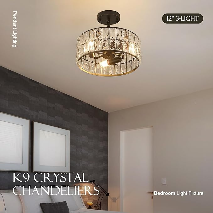 12โ 3-Light Modern Crystal Chandeliers Black Dinning Room Light Fixture with Two Poles, Round Pendant Light Kitchen Island Chandelier, Flush Mount Ceiling Light for Living Room Entryway