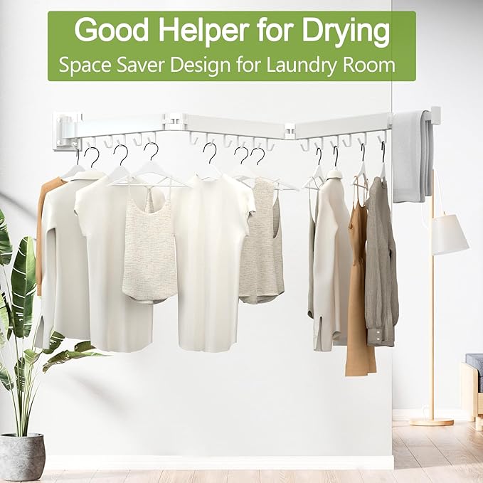 Clothes Drying Rack, Laundry Drying Rack Wall Mount, 3-Fold Wall Mounted Clothes Drying Racks for Hanging Clothes, Foldable & Sturdy Space Saver for Laundry Room -White