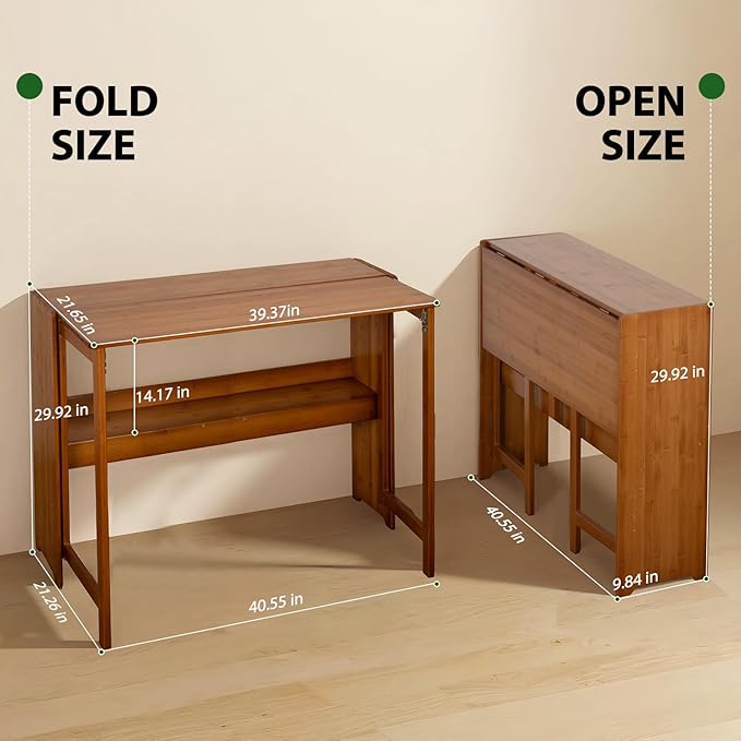 39.37" Bamboo Folding Desk,Space-Saving Computer Desk for Small Spaces, Foldable Study Table for Bedroom, Home Office, Dorm, Apartment (Brown)