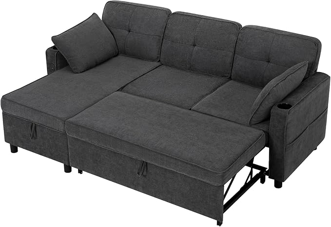 84 Inches Fabric Sectional Sofa w/Pull Out Sofa Bed & Adjustable Back, Tufted L Shaped Couch w/Storage Chaise, Sleeper Sectional Sofa w/USB Port & Cup Holders for Living Room, Grey