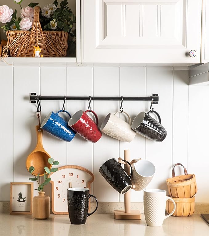 AmorArc Extra Large Coffee Mugs Set of 6, 20oz Ceramic Tall Coffee Mugs Set with Textured Geometric Patterns for Latte/Tea/Beer/Hot Cocoa, Dishwasher & Microwave Safe, Blue