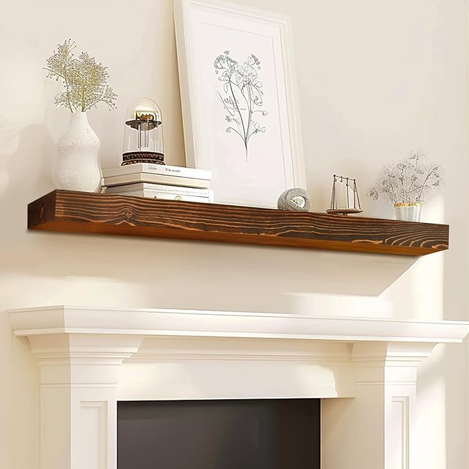 48x8x3 Fireplace Mantel - Solid Rustic Wood - Wall Mounted Floating Shelf with Invisible Heavy Duty Steel Bracket (Weathered Brown)