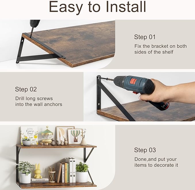 10 Inch Deep Floating Shelves, Floating Shelf 16 Inch Long, 16"W x 10"D Wall Shelves Set of 2, Deep Shelf for Books, Wide Floating Shelves for Bahtoom, Living Room, Kitchen, Rustic Brown