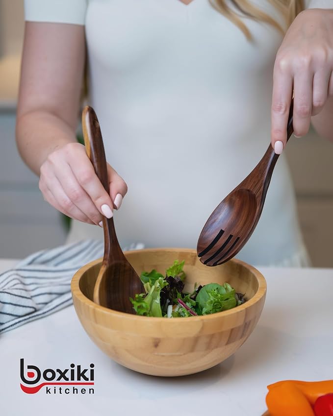 Boxiki Kitchen Luxury Teak Wood Utensil Set - Elegant 6-Piece Cooking Ensemble Including Spoons, Server, Scraper & Spatula - Expertly Crafted for Culinary Excellence
