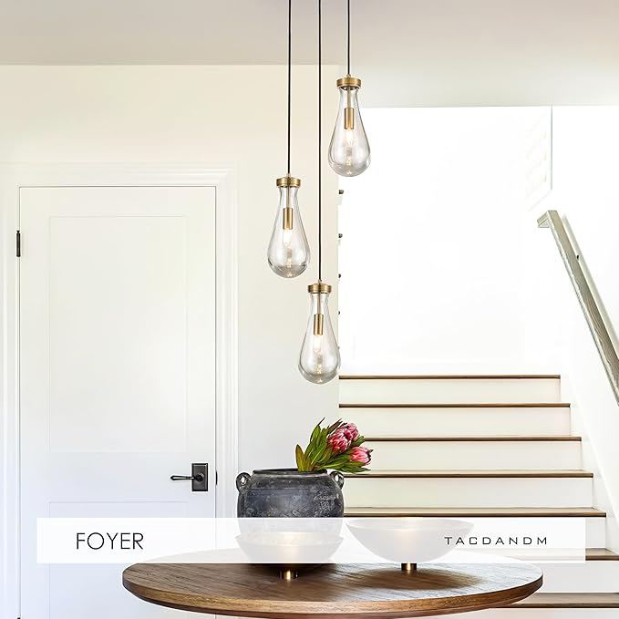 3-Light Raindrop Pendant Light Fixtures, Brass Glass Pendant Lighting, Teardrops Modern Hanging Light for Entryway Foyer Kitchen Island Dining Living Room Hallway