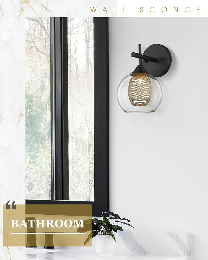 Black Wall Sconce Set of 2, Bathroom Vanity Light Fixture with Clear Glass and Honeycomb Metal Shade, Sconces Wall Lighting for Mirror Bedroom Hallway, AD-22001-1W2-BK