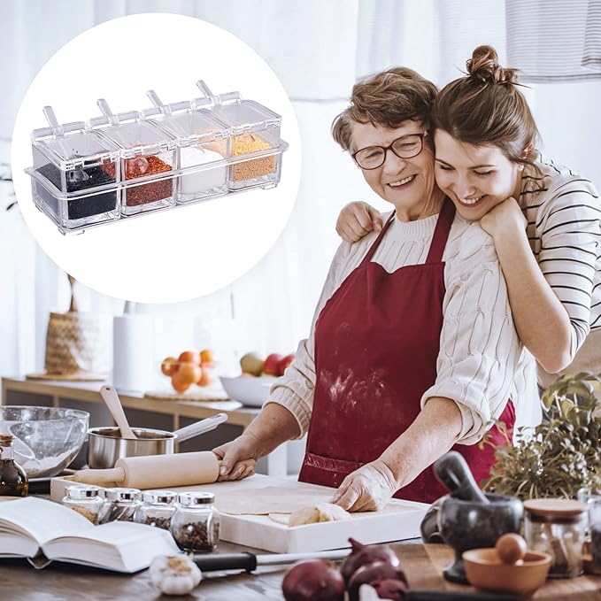 Clear Spice Containers, 4 Pieces Condiment Container with Lids for Salt Sugar, Acrylic Spice Rack Spice Container with Spoon