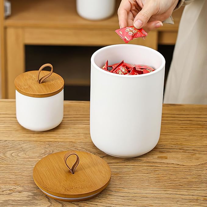 Ceramic Canisters Sets for Kitchen, Airtight Canister with Bamboo Lid, Ceramic Coffee Canister Kitchen Canisters for Countertop, Flour and Sugar Containers for Food Storage Jars, White, Set of 3