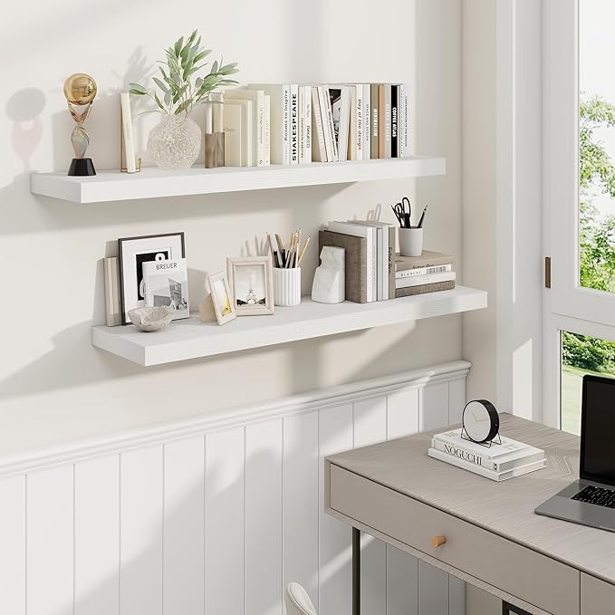 Fun Memories 40" Rustic Wood Floating Shelves with Invisible Brackets for Storage & Decor, Deep Wall Mounted Shelves for Bathroom, Kitchen, Living Room (White, Set of 2)