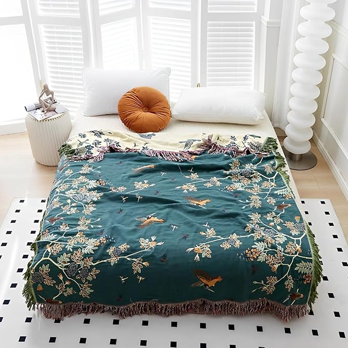 Snycler Boho Throw Blanket for Bed - 100% Cotton Ultra Soft Rustic Quilt Blanket Green Floral Bird Printed Farmhouse Decor Bed Blankets, 80"×90" All Season Rustic Throw for Sofa Chair Couch