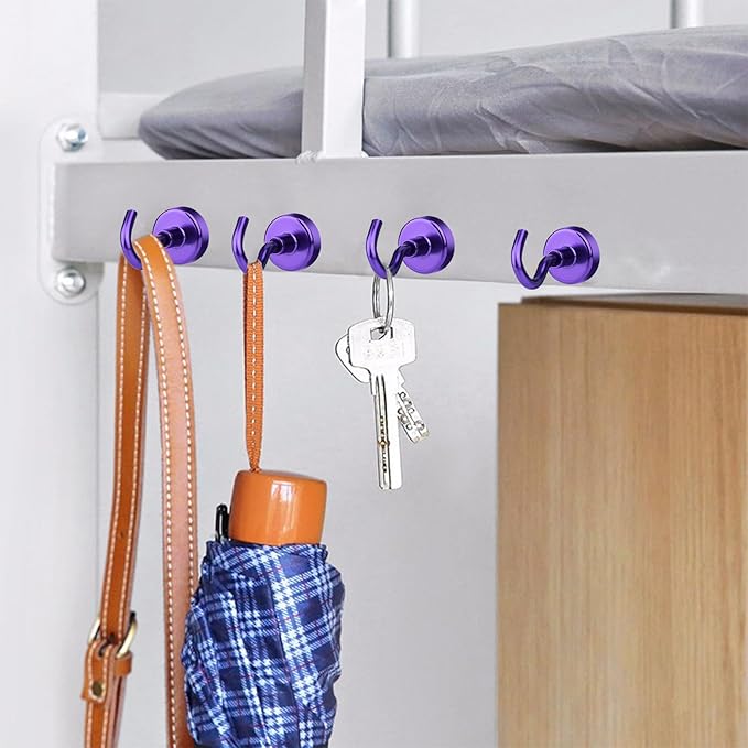 MIKEDE Magnetic Hooks Heavy Duty, 28Lbs Neodymium Magnets with Hooks for Refrigerator, 10Pcs Strong Cruise Hooks for Hanging, Magnetic Hanger for Grill, Toolbox, Storage - Purple