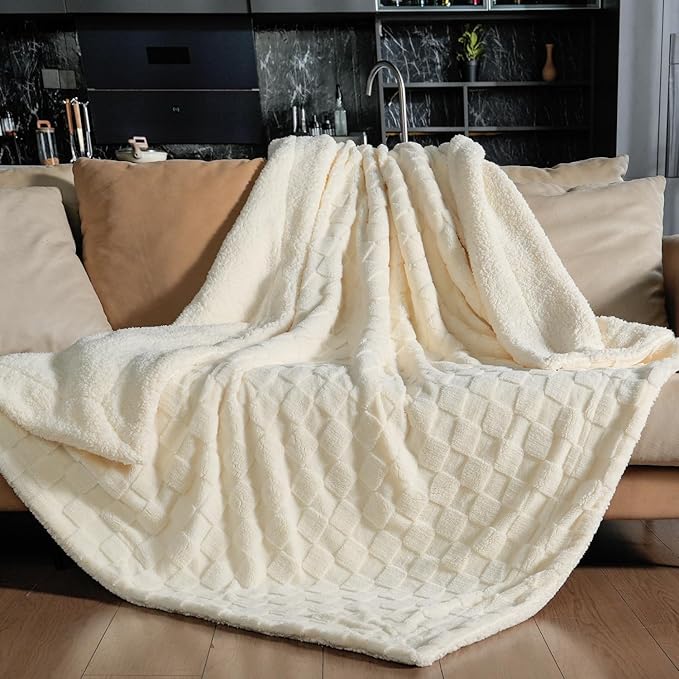 Pawque Super Soft Cozy Throw Blanket Twin Size for Couch Bed, Fluffy Sherpa Fleece Reversible Thick Warm Fuzzy Blanket for All-Season, 3D Checkered Jacquard Decorative Blanket, Cream White, 60" x 80"