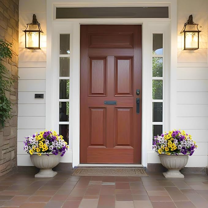 18 Bundles Artificial Fake Pansy Flowers for Outdoor, Faux UV Resistant Silk Pansies Flowers for Outside Planter Front Door Porch Yard Patio Window Box Home Decor (18, Purple, Yellow, White)