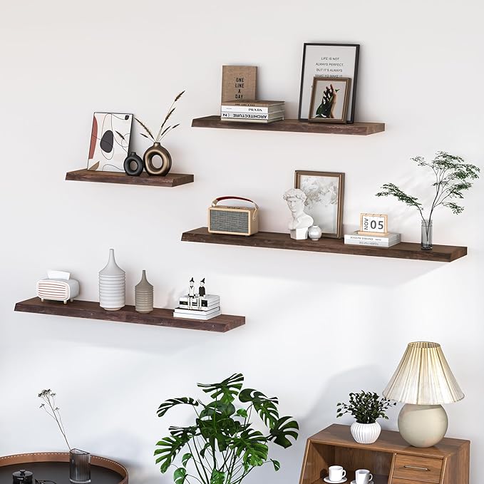 Floating Shelves for Wall, 55"x9.3" Rustic Solid Live-Edge Elm Wood Wall Shelves, Heavy-Duty Floating Shelves with Invisible Brackets, Set of 2 for Living Room, Bedroom, and Kitchen, Walnut Finish