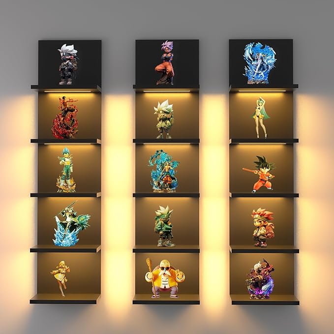 5 Tier Wall Shelf Unit, Black Modern Vertical Lack Wall Shelves with Light, Wall Mount, Floating Column Home Decor Shelves for Bedroom, Living Room, Vanity Storage Display