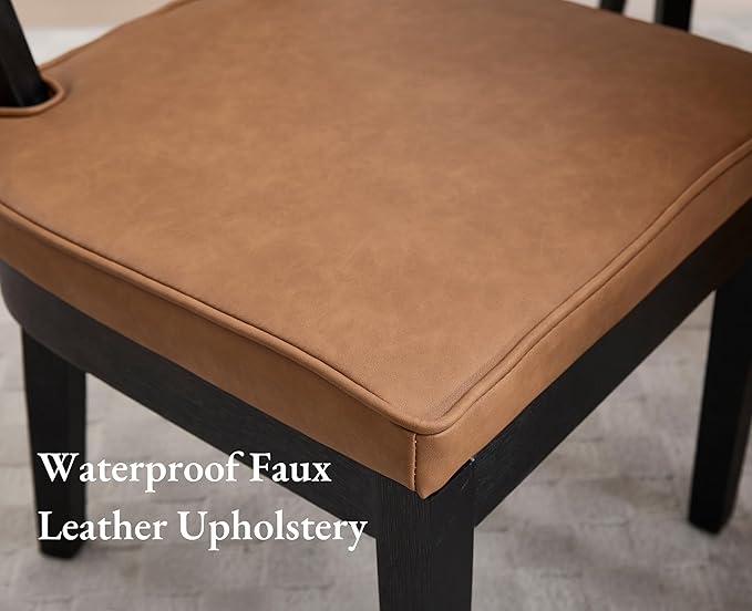 EALSON Mid Century Modern Rattan Dining Chairs Set of 4 Farmhouse Black Wood Kitchen Chairs with Cane Back Leather Upholstered Accent Armless Chairs for Dining/Living Room Restaurant, Brown