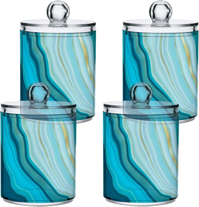 2 Pack Qtip Holder Dispenser Teal Turquoise Blue Marble Bathroom Storage Canister Lid Acrylic Plastic Apothecary Jar Set Vanity Makeup Organizer for Cotton Swab/Ball/Round Pads, Floss