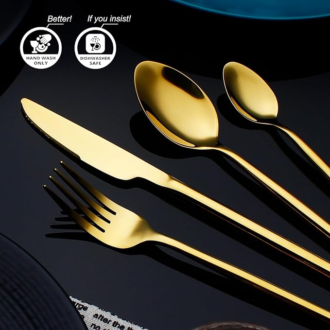 24 Piece Silverware Set For 6 Gold Heavy duty 18/10 Stainless Steel Flatware Set Modern Design Knife/Fork/Spoon Mirror Polished Dishwasher Safe Cutlery Set with Gifts