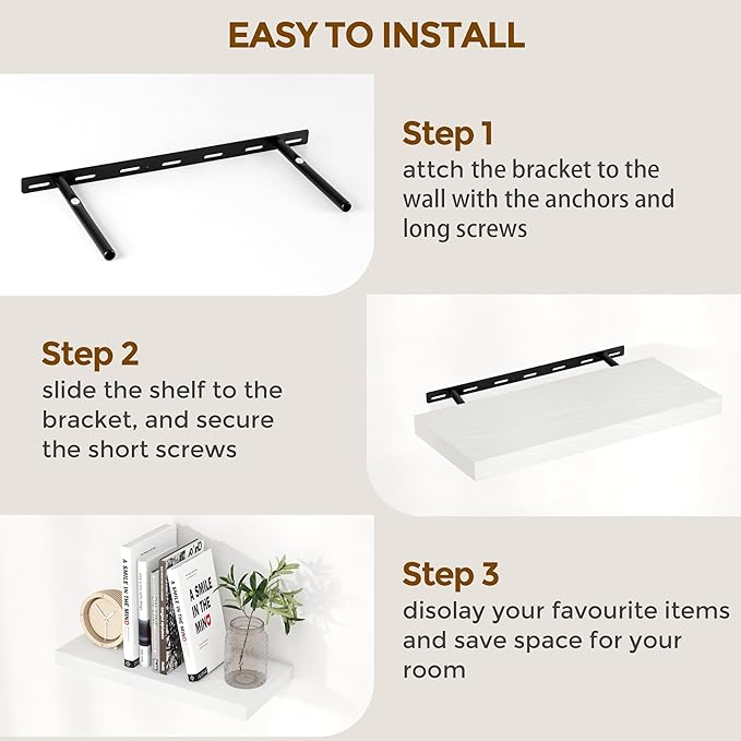 Fun Memories Floating Shelves 55 Inch Set of 2, White 55 x 9 Wall Shelves for Home Decor Storage, Rustic Wood Floating Shelf for Wall, 9 Inch Deep Shelving for Bathroom, Living Room, Kitchen